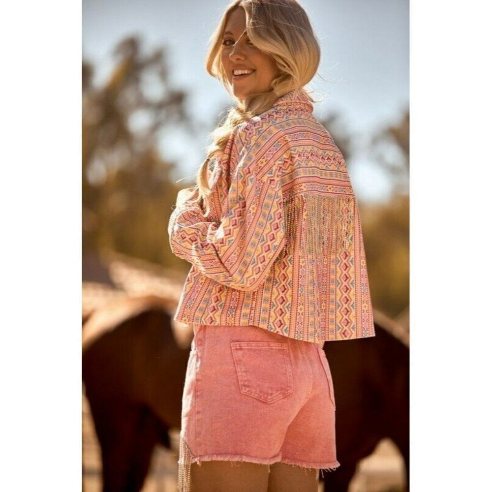 Andree By Unit Savanna Jane Denim Diamond Fringe Aztec Jacket S-L J10126 sale!